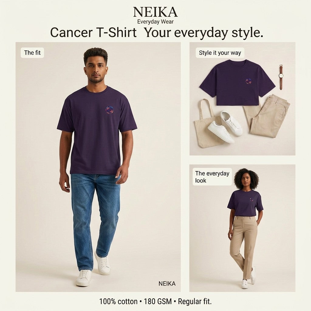 NEIKA Cancer Zodiac Unisex Cotton T-Shirt, 180 GSM Regular Fit