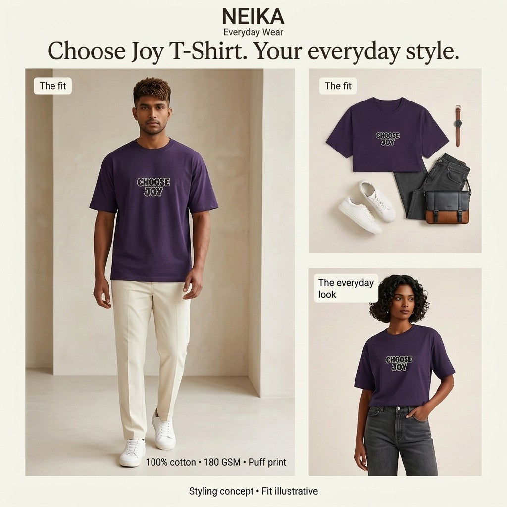 NEIKA Choose Joy Puff Print Cotton T-Shirt, Unisex 180 GSM