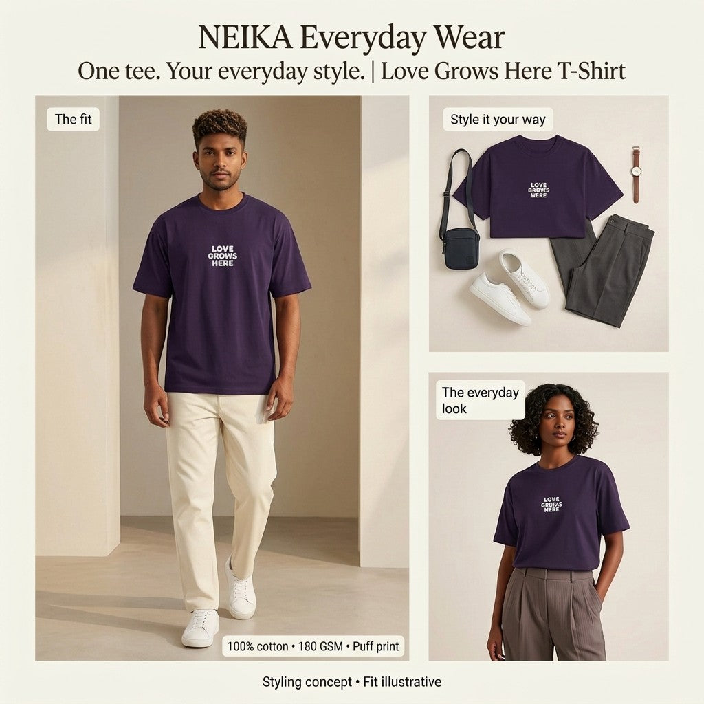NEIKA Love Grows Here Puff Print Cotton T-Shirt, Unisex 180 GSM