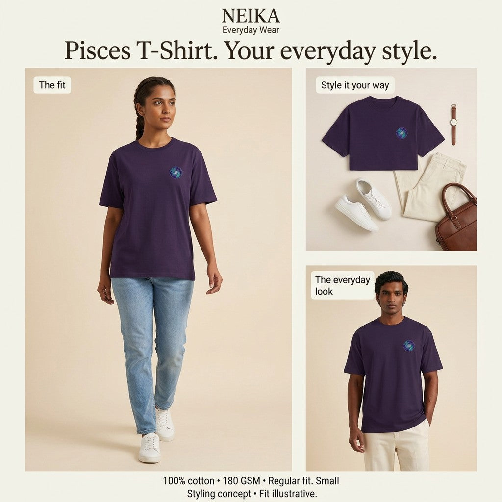 NEIKA Pisces Zodiac Unisex Cotton T-Shirt, 180 GSM Regular Fit