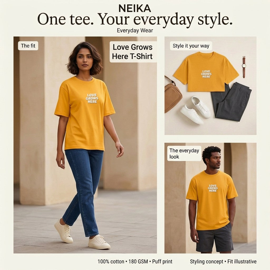 NEIKA Love Grows Here Puff Print Cotton T-Shirt, Unisex 180 GSM