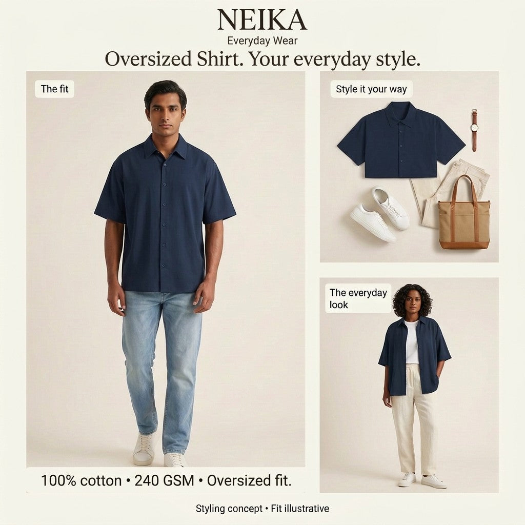 NEIKA Unisex Oversized Cotton Shirt, Half Sleeve