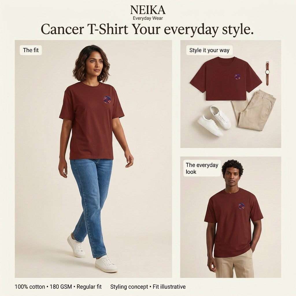 NEIKA Cancer Zodiac Unisex Cotton T-Shirt, 180 GSM Regular Fit