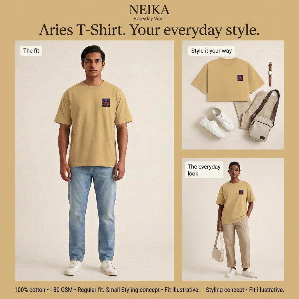 NEIKA Aries Zodiac Unisex Cotton T-Shirt, 180 GSM Regular Fit