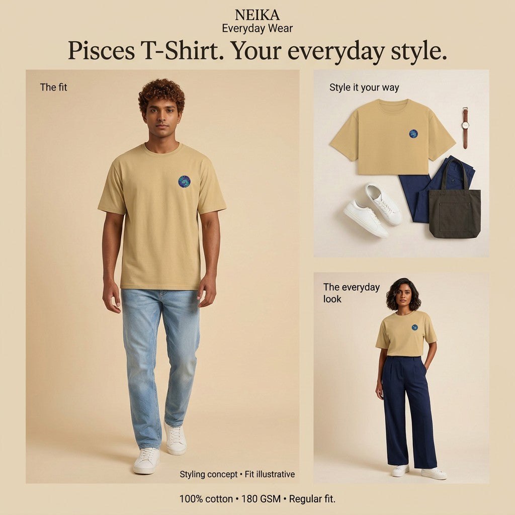 NEIKA Pisces Zodiac Unisex Cotton T-Shirt, 180 GSM Regular Fit