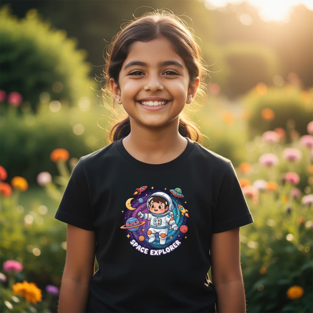 ELAN COTTS Space Explorer Girl's Crew Neck T-Shirt – 100% Cotton | 180 GSM Soft & Breathable Kids Tee