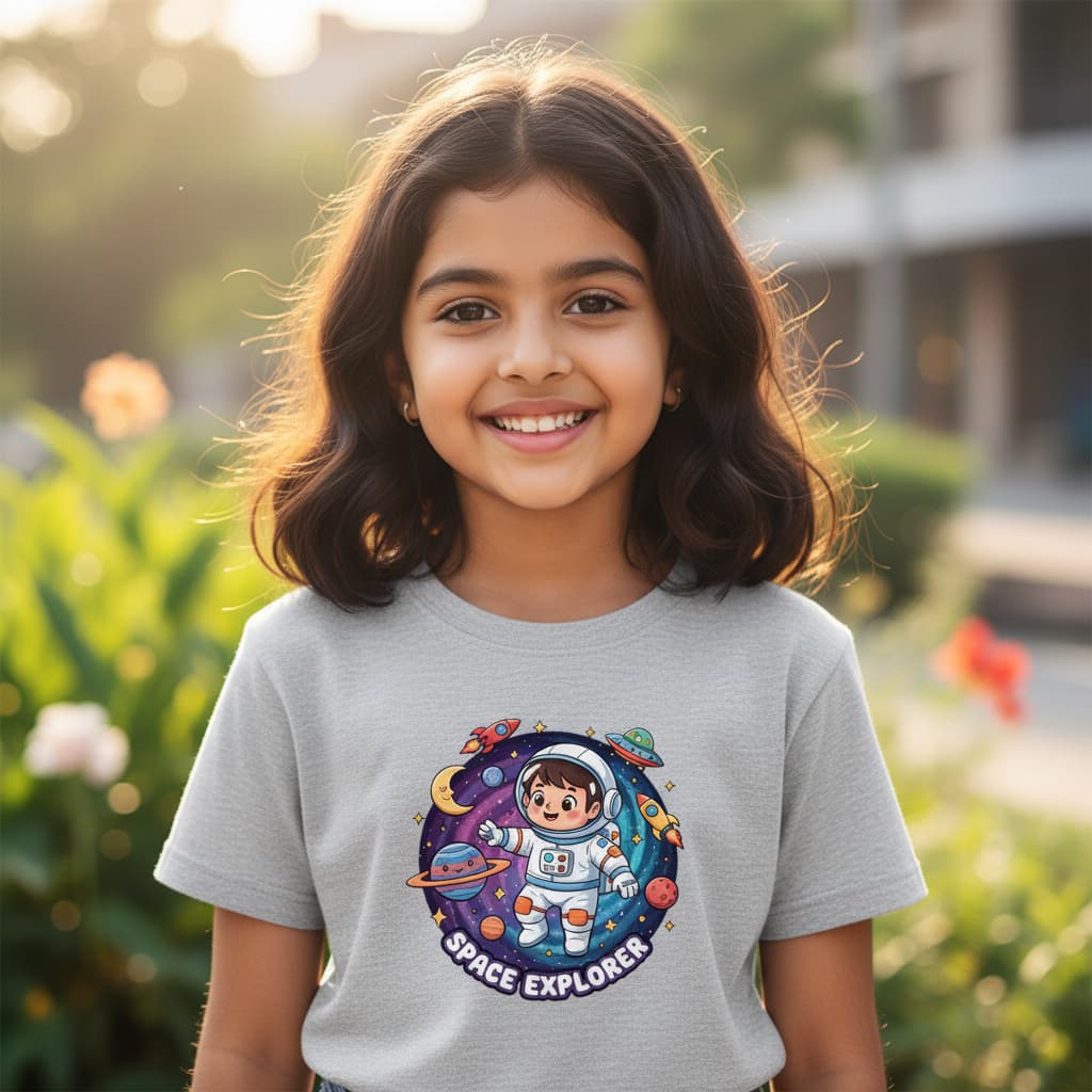 ELAN COTTS Space Explorer Girl's Crew Neck T-Shirt – 100% Cotton | 180 GSM Soft & Breathable Kids Tee