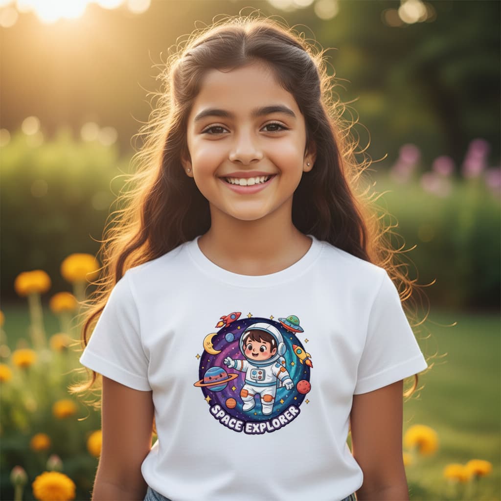 ELAN COTTS Space Explorer Girl's Crew Neck T-Shirt – 100% Cotton | 180 GSM Soft & Breathable Kids Tee