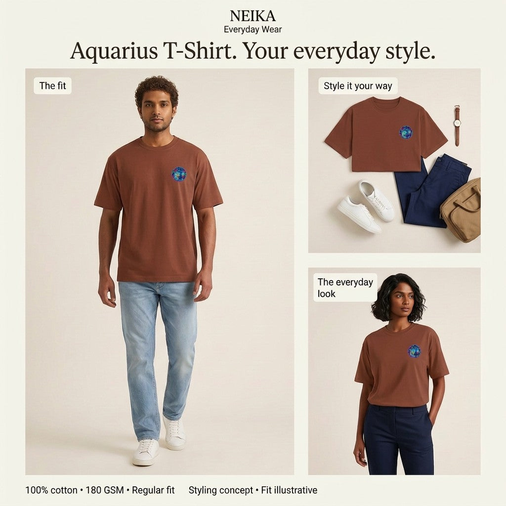 NEIKA Aquarius Zodiac Unisex Cotton T-Shirt, 180 GSM Regular Fit
