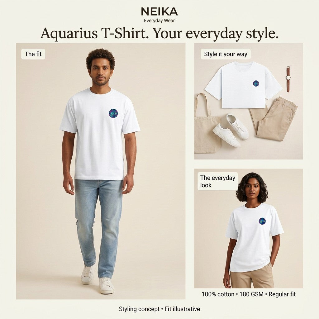 NEIKA Aquarius Zodiac Unisex Cotton T-Shirt, 180 GSM Regular Fit