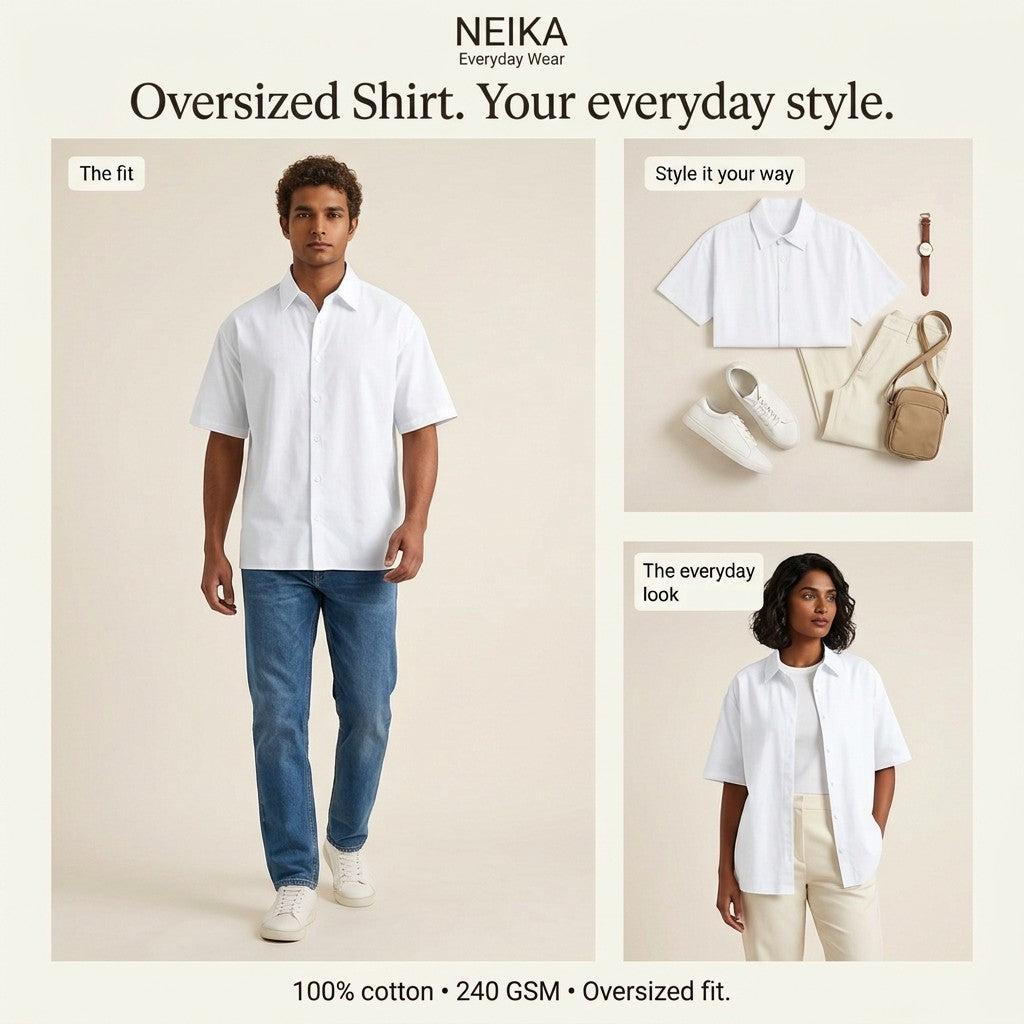 NEIKA Unisex Oversized Cotton Shirt, Half Sleeve